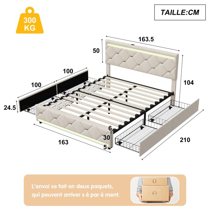 Lit Multifonction 160x200 Capitonné en Velours Beige avec 2 Tiroirs — free download