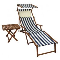 Chaise longue pliante, rayé bleu et blanc, repose-pieds, pare-soleil, table, oreiller 10-317FSTKH