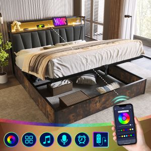SOMMIER Lit rembourré lit en métal LED App-Control lit double avec fonction de chargement USB tête de lit et éclairage LED,160x200cm