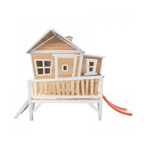MAISONNETTE EXTÉRIEURE Maisonnette Emma AXI avec toboggan rouge pour enfants | Aire de jeux extérieure en bois marron & blanc