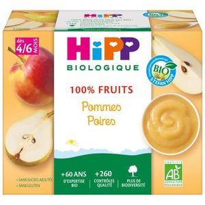 COMPOTE DESSERT FRUITÉ Hipp Bio 100% Fruits Coupelle Pommes Poires +4m 4 x 100g