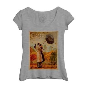 T-SHIRT T-shirt Femme Col Echancré Gris Chicago USA Affiche Poster Vintage Tourisme Art Deco 30's