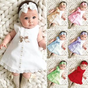 ROBE 0-24 Mois Robe en Dentelle Sans Manche Tenue Été avec Bandeau Cheveux pour Bébé Fille