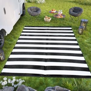 TAPIS Tapiso Tapis d'extérieur IBIZA Réversible Résistant aux UV Blanc Noir Bandes Polypropylène 150x240 cm