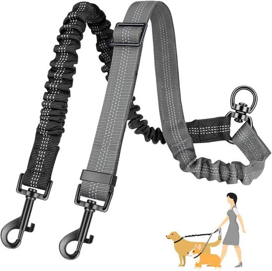 Laisse Double Pour 2 Chiens – Réglable, élastique, Boucle Rotative 360°, Nylon Résistant, Noir Et Bleu - 2