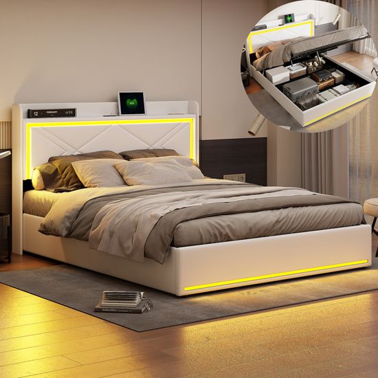 Lit Double 140x190 Avec LED, USB Et Rangements - Design Flottant, Tête De Lit Escamotable, Sans Matelas