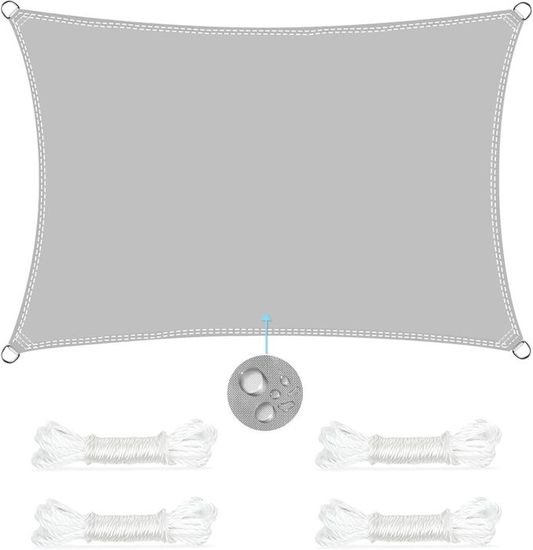 Voile D'ombrage Rectangle 2x3m GLINKADO - Toile PES Imperméable, 98% UV, Gris, Avec Cordes, Pour Jardin Terrasse