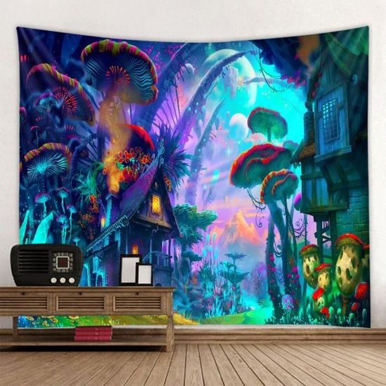 Tapisserie Murale Forêt Champignons Elfes 203x152cm - Décoration Psychédélique Jungle Trippy
