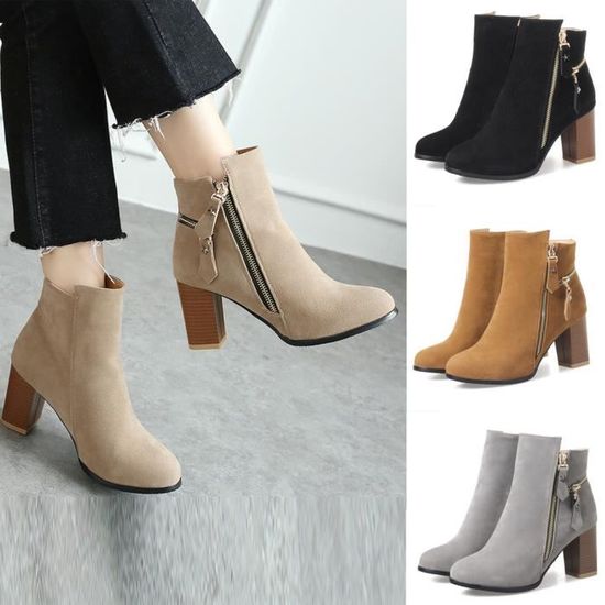 Bottines Femme élégantes à Fermeture éclair – Bout Rond, Talon Confortable, Style Biker, Chaudes Et Douces Pour L'hiver