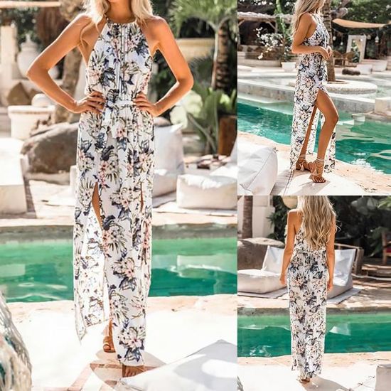 Robe longue fluide sans manches a imprime boheme pour femmes blanche Blanche Cdiscount Pret a Porter
