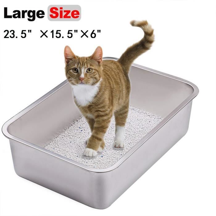 Yangbaga Bac à Litière Chat XL, Bac en Acier Inoxydable Toilette Chat Anti - Odeur pour Chats (60 * 40 * 15cm)