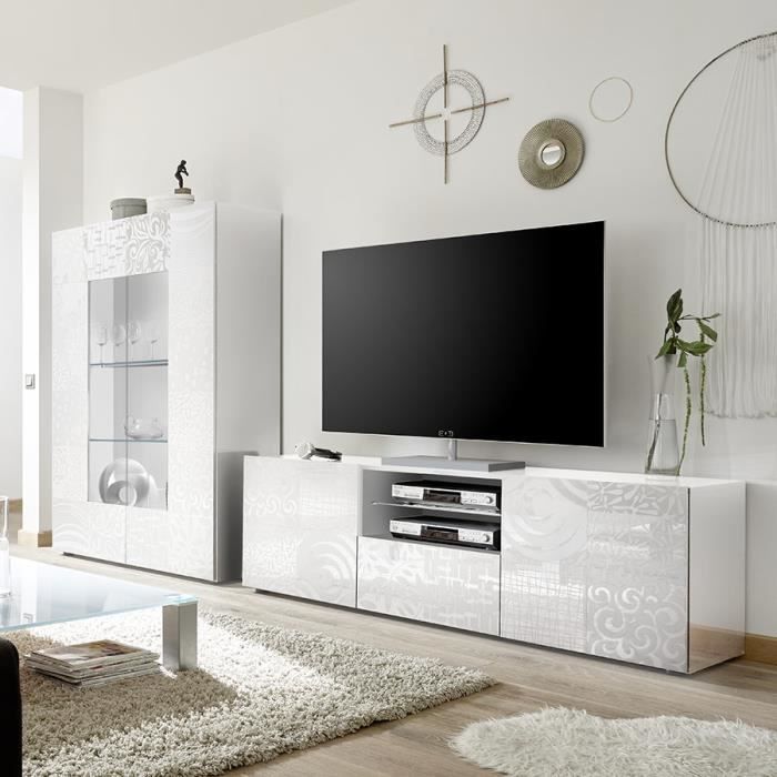 Grand ensemble TV design blanc laqué ELMA Blanc L 414 x P 42 x H 166 cm