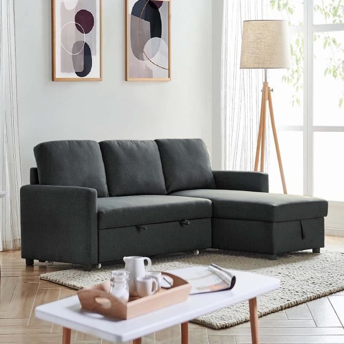 TESS - Canapé convertible avec coffre de rangement angle réversible en tissu gris anthracite