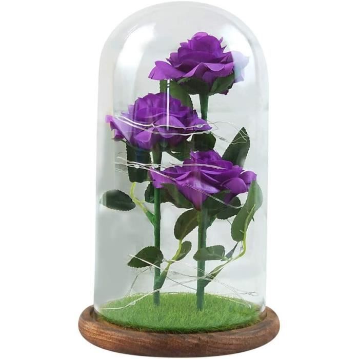 La Belle et la Bête, Rose Verre avec Lumières LED , Fait Main Fleur conservée Rose éternelle pour la Saint-Valentin Cadeau (Violet)