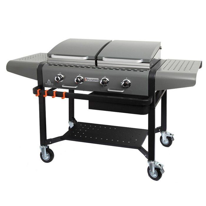 Plancha à gaz Margaux Gun Metal sur chariot équipé - BRASERO - 4 Feux à gaz - Plancha et Grill - 15 kW Gris Métallisé