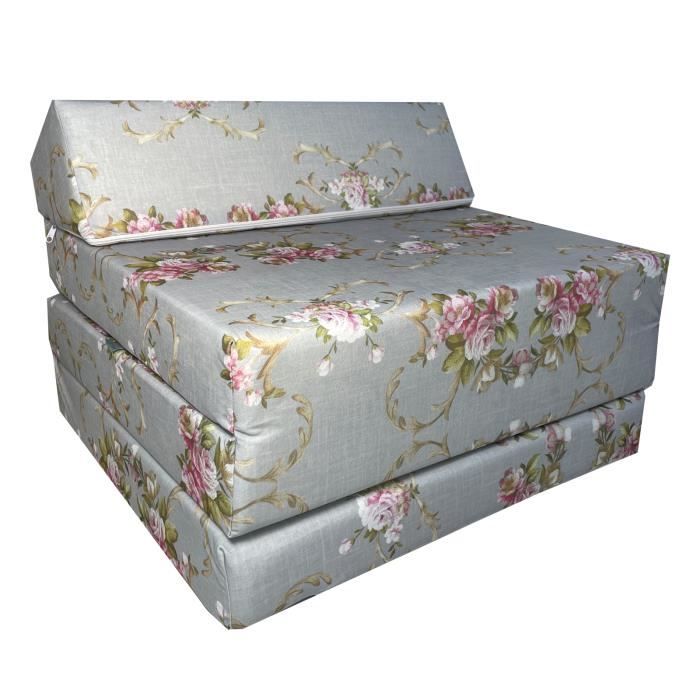 Matelas, futon, lit pliant avec appuis tête 200x70x10 cm, motif fleur sur un fond gris