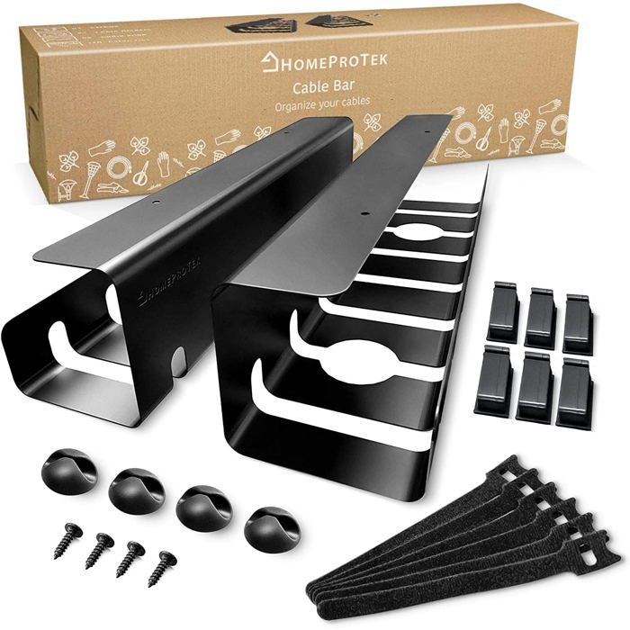 Plateau organisateur de bureau HomeProTek gestion de câbles + accessoires inclus - Lot de 2 NOIR - Design intemporel - Passe câble