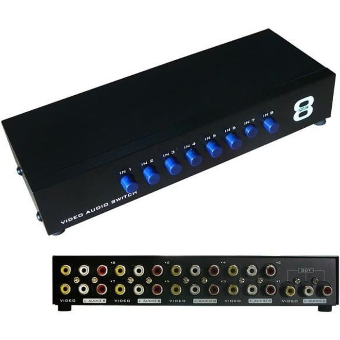 Switch AUDIO Stereo + VIDEO Composite - 8 Ports Aiguille une entrée vers 8 sorties ou 8 entrées vers une sortie