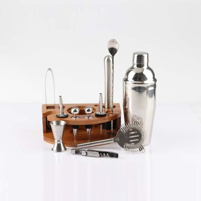 Cocktail Making Set Cocktail Shaker Kit de mélange de Cocktail en acier inoxydable avec présentoir en bambou 750 ml