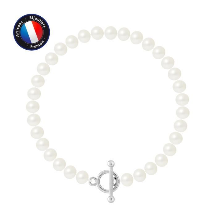 PERLINEA - Bracelet - Véritable Perle de Culture d'Eau Douce Semi-Ronde 5-6 mm Blanc Naturel - Fermoir Baton - Bijoux Femme