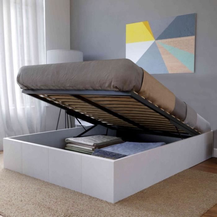 Lit coffre en métal avec revêtement simili cuir blanc 160x200 - LT14021