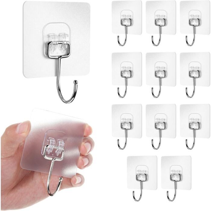 Crochets adhésifs - LARGEIGHT - Lot de 12 - Transparent - Capacité 20 kg - Pour salle de bain et cuisine