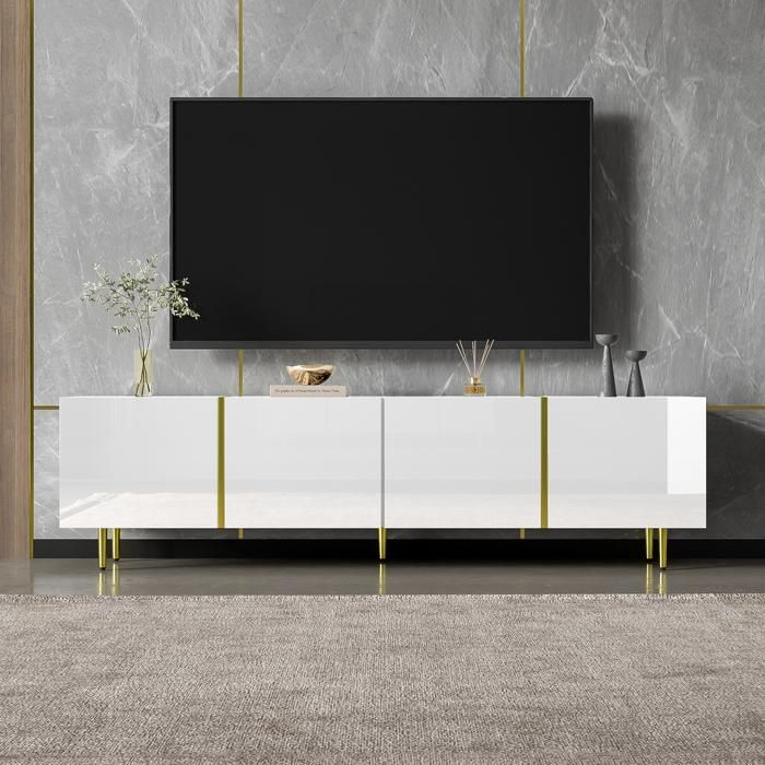 Meuble TV brillante 190x38x48cm avec 4 portes moderne et sobre et or Blanc