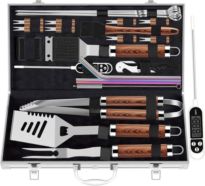 Set Accessoires Barbecue MUJUZE 21 Pièces - Acier Inoxydable, Tablier Inclus (cadeau Homme Idéal)