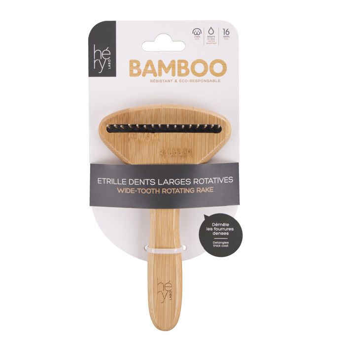 Étrille pour chien - HERY - Dents larges rotatives - Manche en bambou - Pour poils moyens à longs