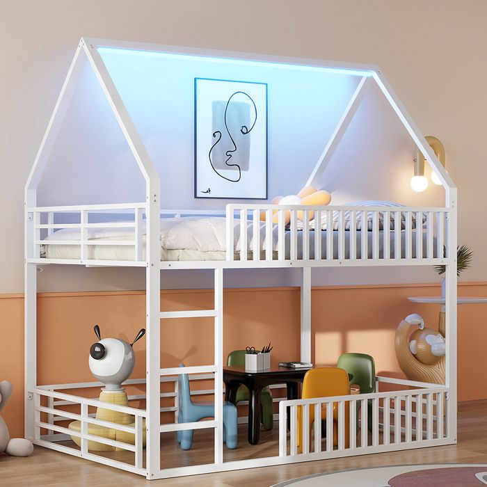 Lit superposé 140x200 cm maison avec barrière et éclairage LED Blanc