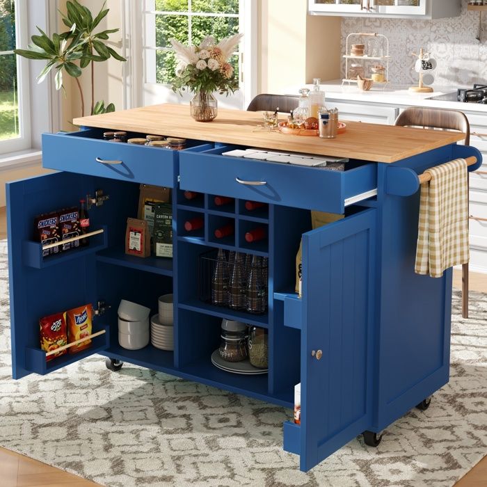 Buffet de Cuisine Multifonctionnelle 2 Portes 2 Tiroirs - Chariot à Roulettes avec Porte-Serviettes - 102x45x92cm - Bleu