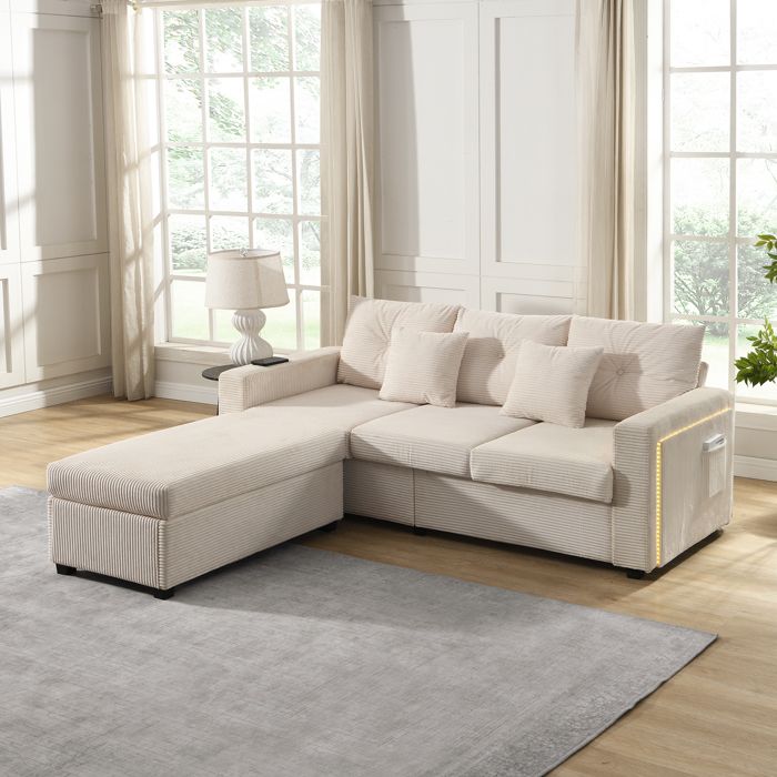 Combinaison de canapé avec repose-pieds amovible - MODERNLUXE - 184x84.5x85.5 cm - Avec poches latérales et LED - Beige