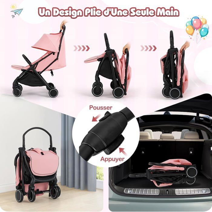 GIANTEX Poussette PliablePliage en 1 Clic avec Double Frein Dossier RéglableLandau avec Ceinture de Sécurité à 5 pointsRose