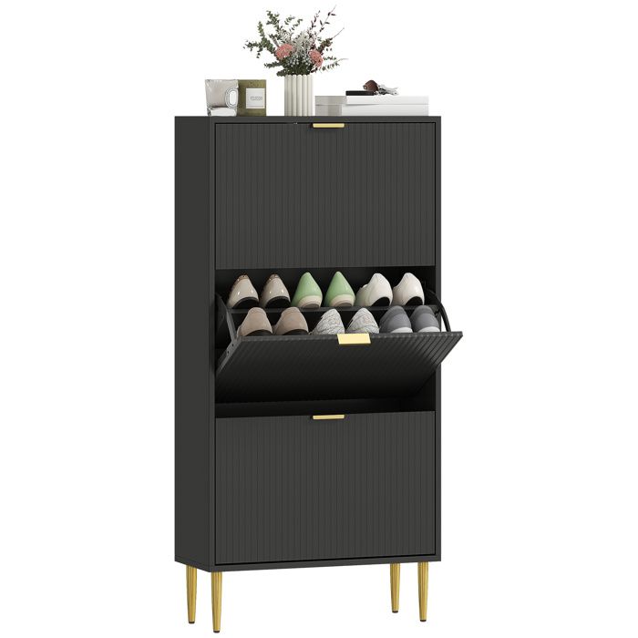 Meuble à chaussures - HOMCOM - 18 paires 3 tiroirs rabattables portes cannelées et étagères réglables - MDF - 60x24x1225cm - noir