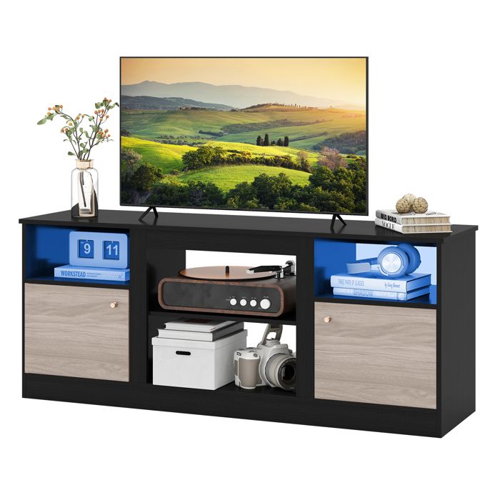 GIANTEX Meuble TV Jusquà 65 avec Éclairage LED RGB Télécommandé 2 Portes Étagères Ajustables Charge 95 kg