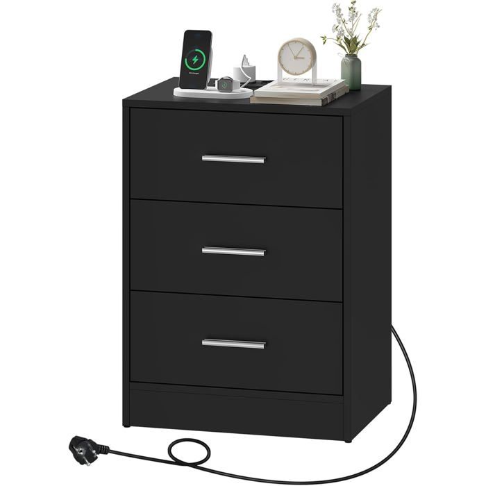 Table de chevet avec prise intégrée - WOLTU - 3 tiroirs - 2 prises AC - 1 port USB - 1 port Type-C - Noir Table de chevet avec prise intégrée - WOLTU - 3 tiroirs - 2 prises AC - 1 port USB - 1 port Type-C - Noir