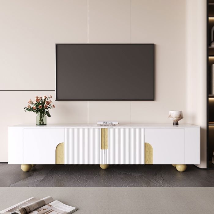 Merax Meuble TV 180 cm - Blanc et Bois - avec 4 Portes - Plateau Effet Marbre - Pieds Boule en Bois Massif