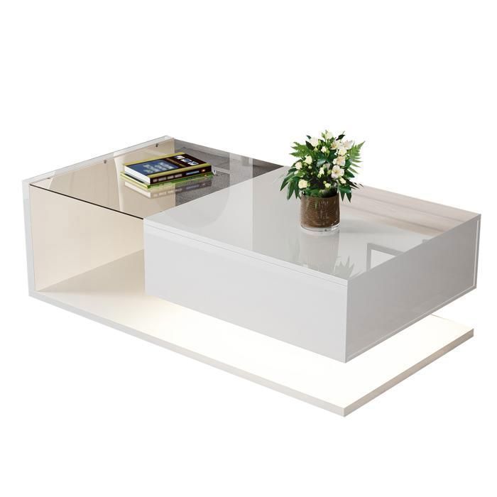 Table basse blanche L 105 x P 55 x H 325 cm LED 16 couleurs plateau verre rangement