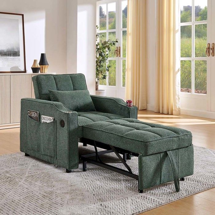 Canapé‑lit 3‑en‑1 - Modèle 3‑en‑1 - Convertible coulissant - Port USB intégré - Tissu vert moelleux