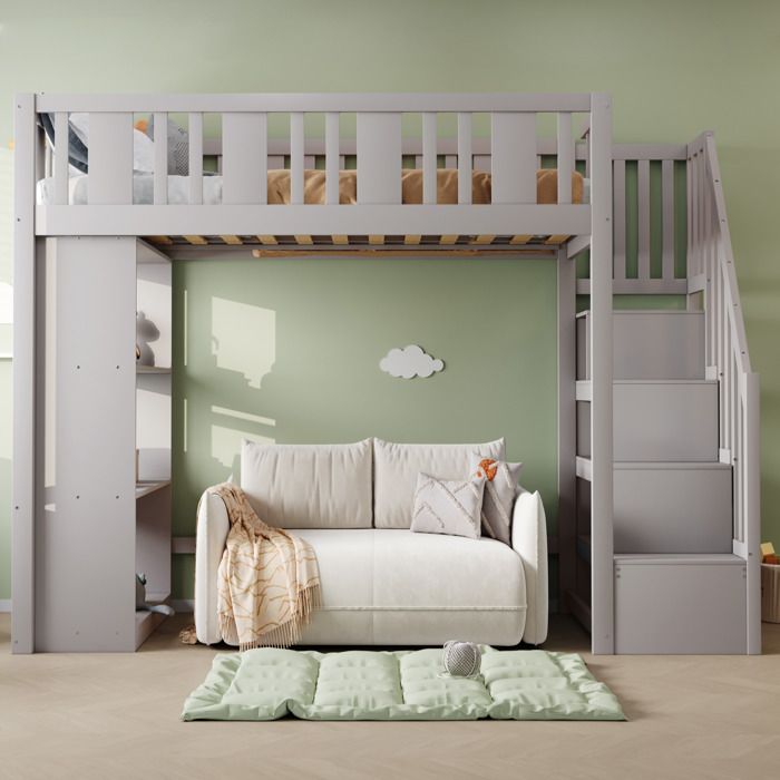 Lit mezzanine enfant 90 x 200 cm gris en bois avec escalier de rangement