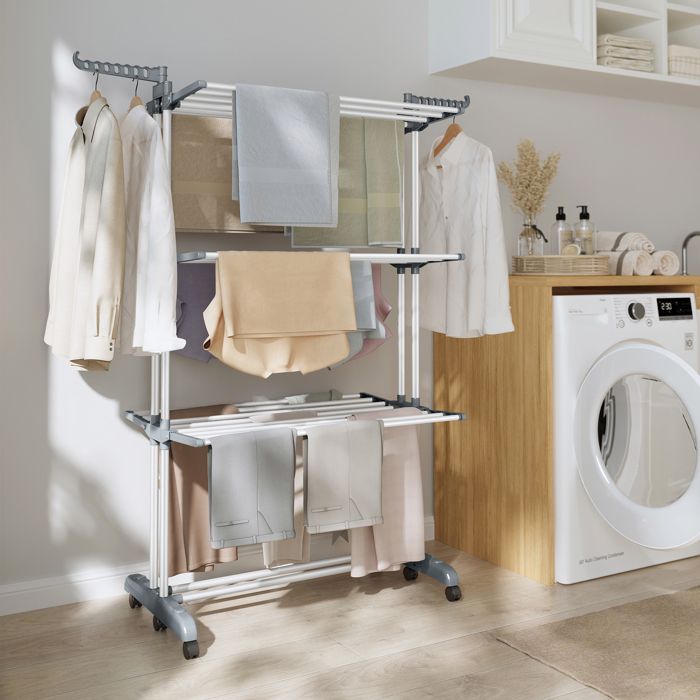 Étendoir à Linge à 4 Niveaux Séchoir Pliable à Roulettes 635 x 1255 x 173 cm Blanc