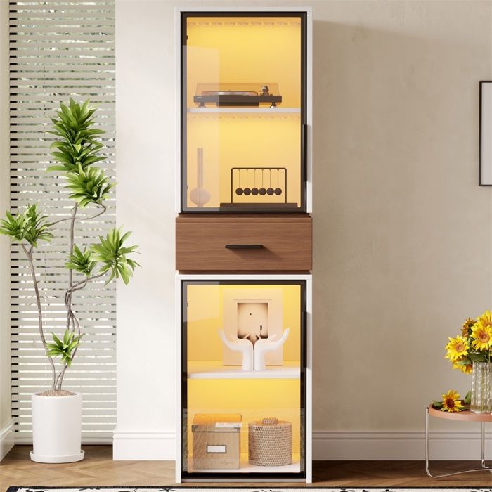 Vitrine Haute Design 200 cm – Armoire dExposition avec 2 Portes en Verre Trempé Tiroir Central & LED Multicolore – Blanc & Noyer