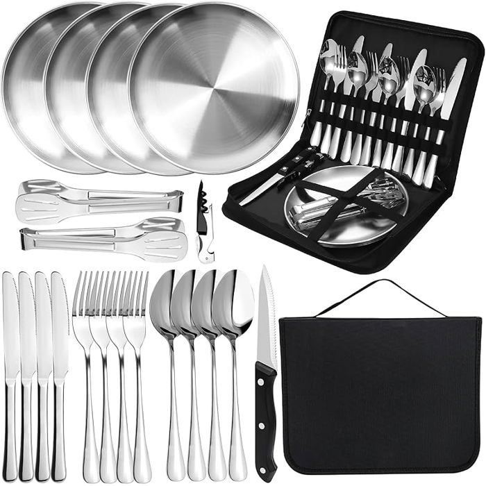 Kit Vaisselle Camping 2 Personnes - 10 Pièces Set de Couverts en Acier Inoxydable Or avec 10 Pièces (2 Personnes) Or POPOTE