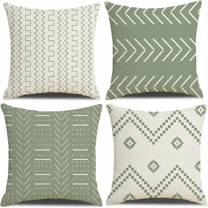 Lot de 4 taies doreiller carrées 45x45 cm motif géométrique vert clair design scandinave minimaliste pour canapé salon maison
