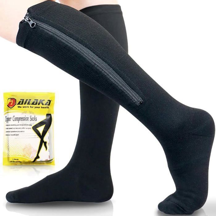 Chaussettes de Compression Zippées Médicales Homme  Femme 15-20mmhg Bas De Contention Classe Noir Small/Medium (1 Pair)