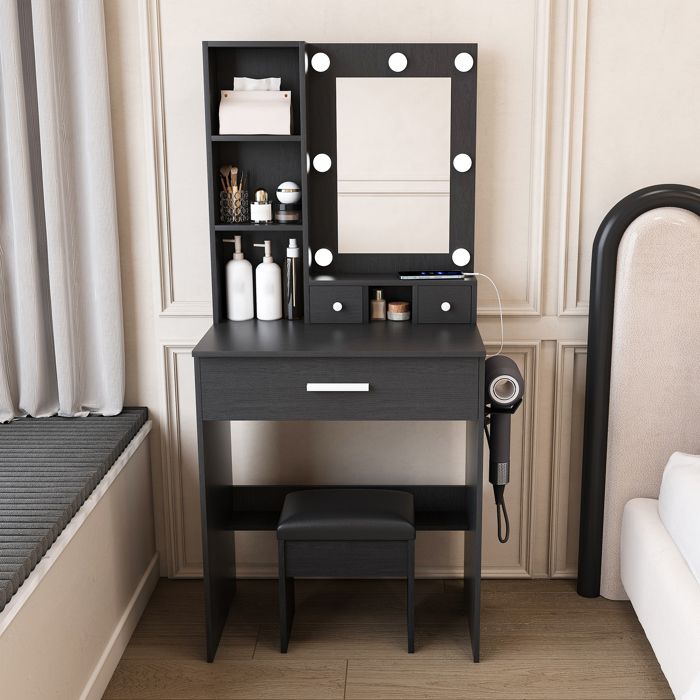 Petite coiffeuse 60x38x131.5 cm Noir MDF table maquillage rangement chambre [éclairage led professionnel à 3 modes]le miroir