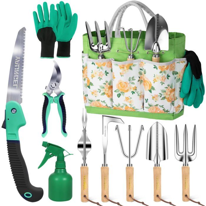 Set de 10 outils de jardinage en acier inoxydable - manche en bois gants et sac 600D oxford - pour entretien extérieur