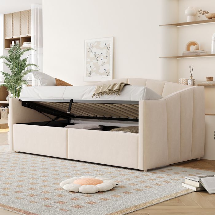 Lit canapé capitonné 90x200 cm avec coffre hydraulique sommier à lattes accoudoirs motif rayures velours beige