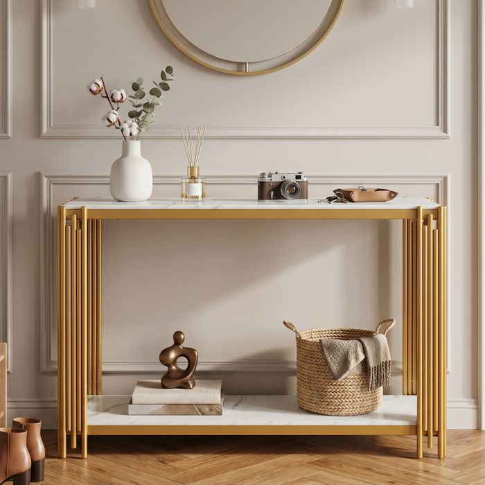 MEUBLIV Console dentrée 2 étagères effet marbre métal doré et blanc 1235 x 335 x 80 cm