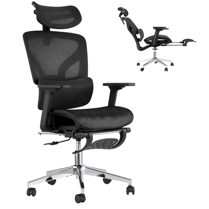 Chaise de bureau ergonomique noire haut dossier mesh accoudoirs 3D soutien lombaire appuie-tête repose-pieds roulettes